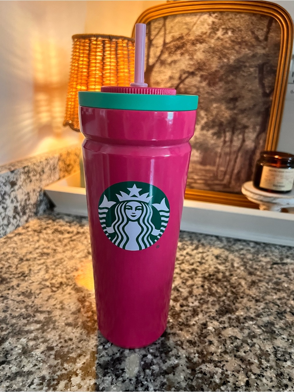 Starbucks Pink Tumbler with Green Lid and Pink Straw